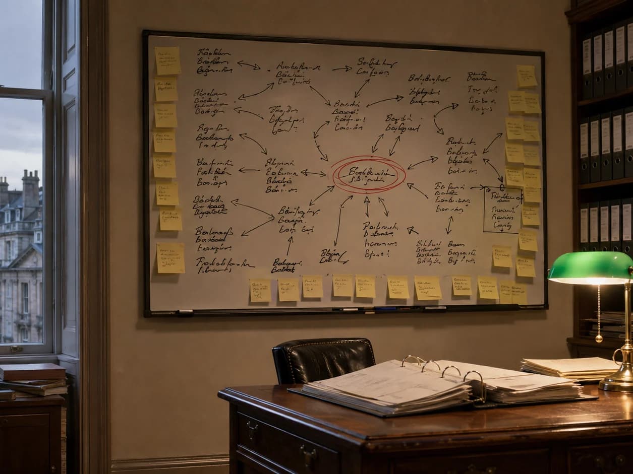 A partner's whiteboard covered in client names and arrows with sticky notes crowding the edges and one entry ringed twice, a lever-arch file open on the desk below
