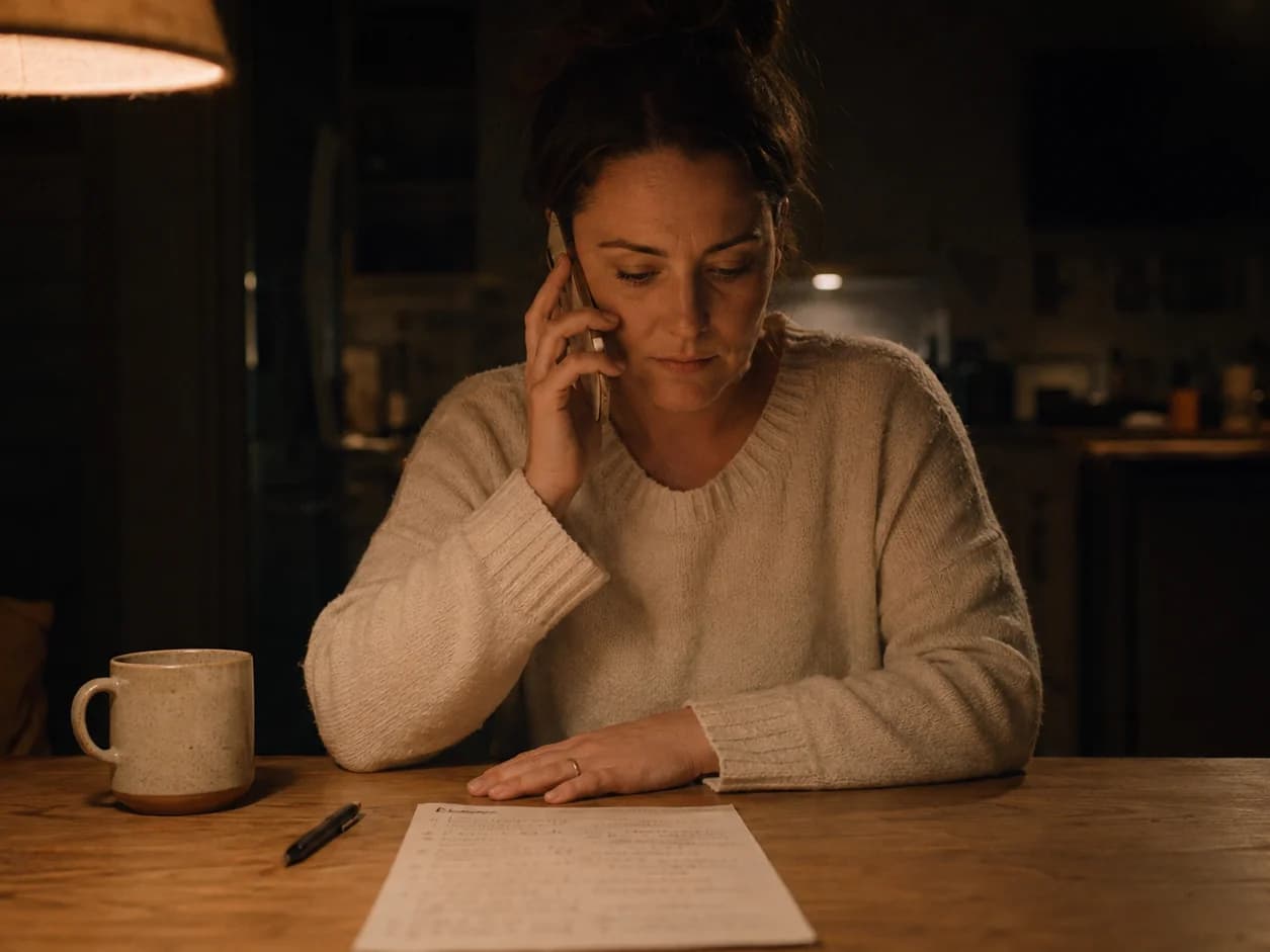 A woman at her kitchen table late on a Sunday night under one pendant lamp, phone to her ear waiting for an answer, her hand on a handwritten list of names for a birthday dinner, a mug beside her