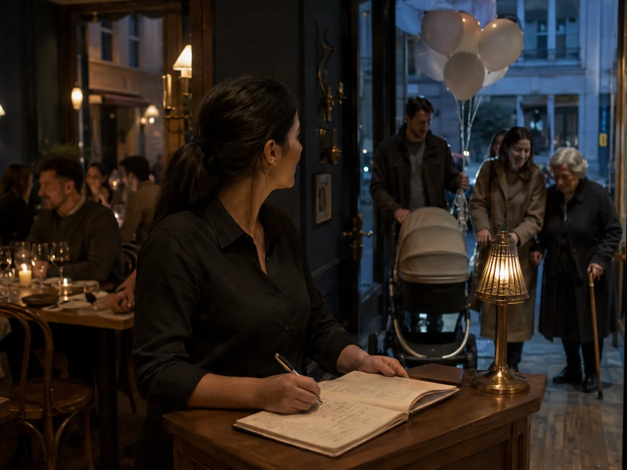 The host at the reservation book on the stand by the door, pen stopped mid-line, looking up as a family arrives: a pram, a bunch of balloons and a grandmother with a walking stick