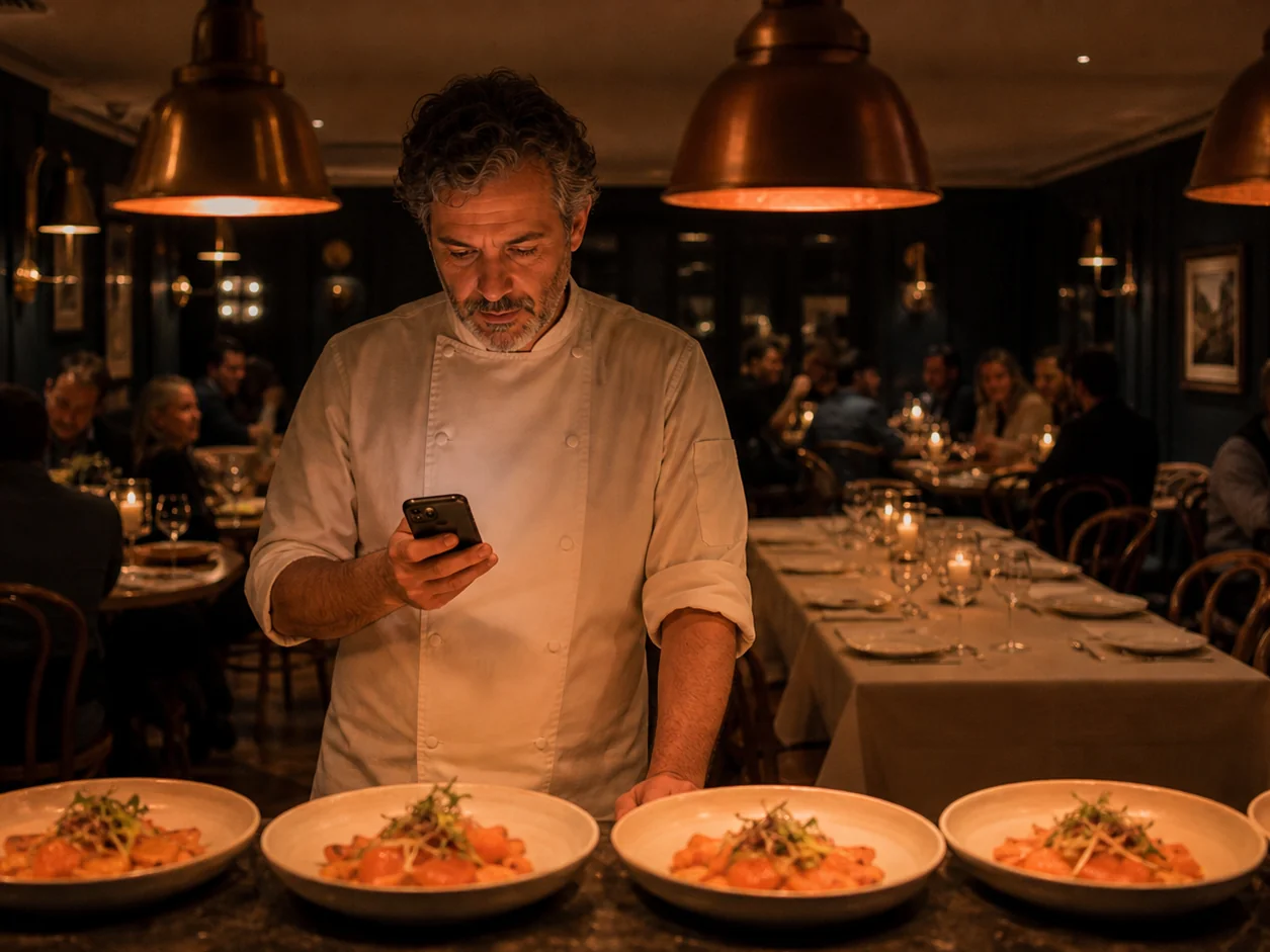 The chef at the pass during evening service reading a message on his phone, a row of plated starters waiting under the heat lamps, a long laid table standing empty in the dining room behind