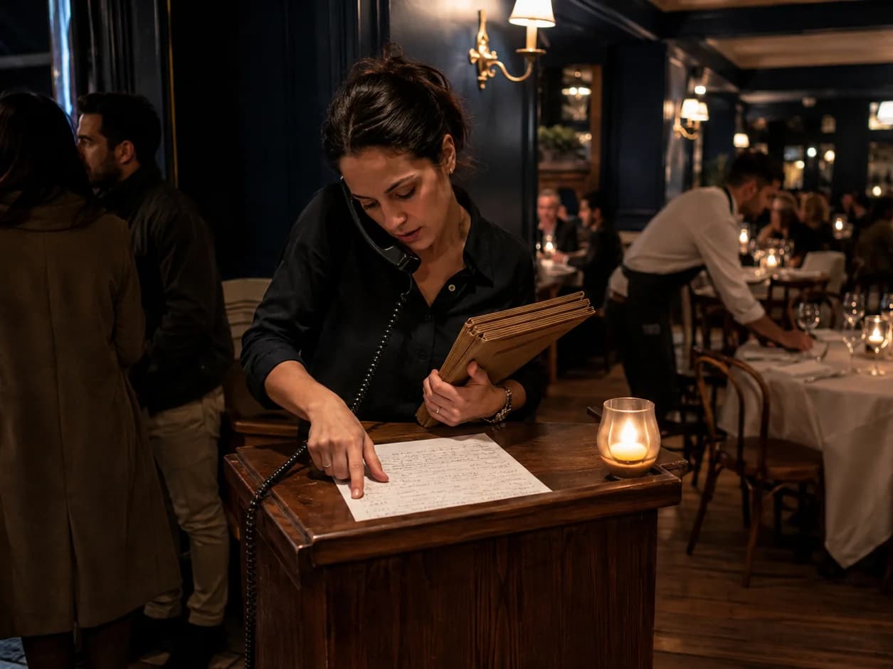 The host mid-service with the phone wedged between shoulder and ear, a stack of menus in one hand and a finger on the paper waiting list, two couples in coats waiting inside the door