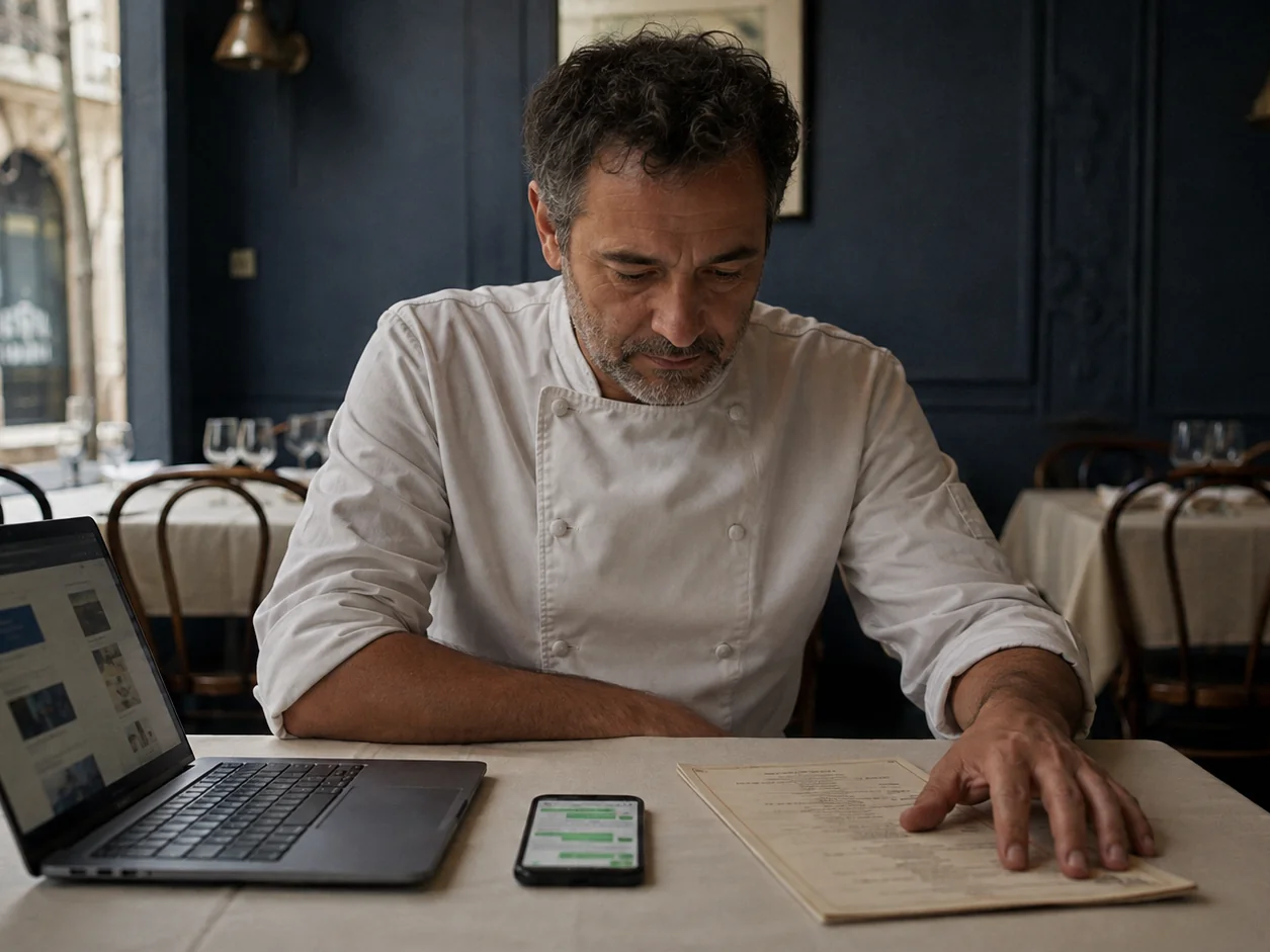 The chef alone at a corner table between services, looking at a laptop, a phone and a printed menu laid side by side, each in a different colour and style