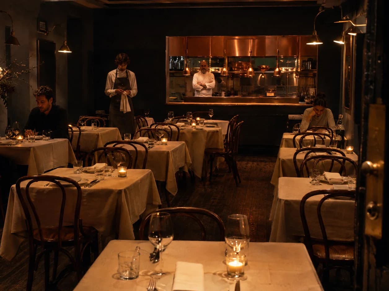 The dining room on a quiet Tuesday night seen from the door: two tables taken, the rest laid with candles and empty, a waiter folding napkins with nothing to do, the chef in the pass with his arms crossed