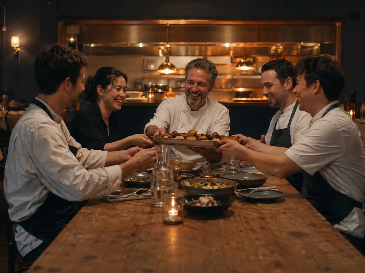 The staff meal before service: the chef, the host, a waiter and two cooks around one table by the pass, passing a tray of food and laughing, the dining room laid and empty behind them