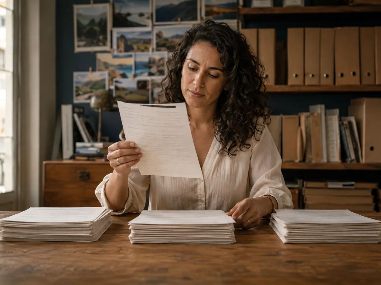 A travel specialist sorting a stack of identical printed enquiry forms into three piles by hand, reading each one to work out which trip it is