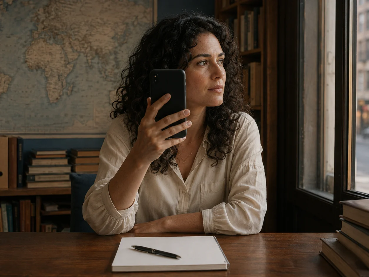 A travel specialist holding a phone with a one-line trip message on it, a blank notepad and pen on the desk beside her, looking out of the window
