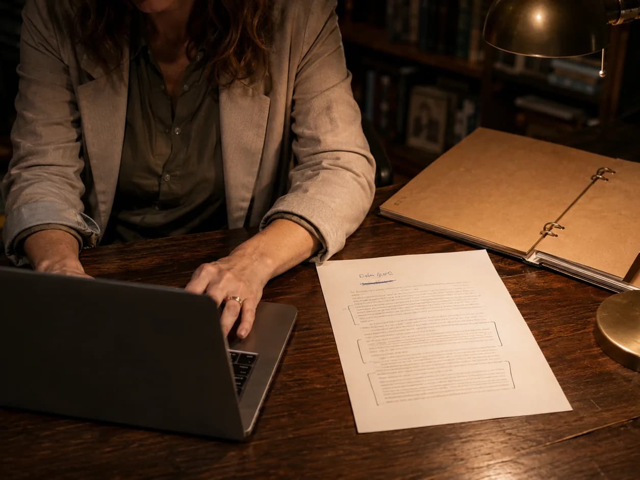 Hands typing at a keyboard beside last year's printed itinerary, paragraphs bracketed in pencil to keep and one client's name crossed out with another written above it