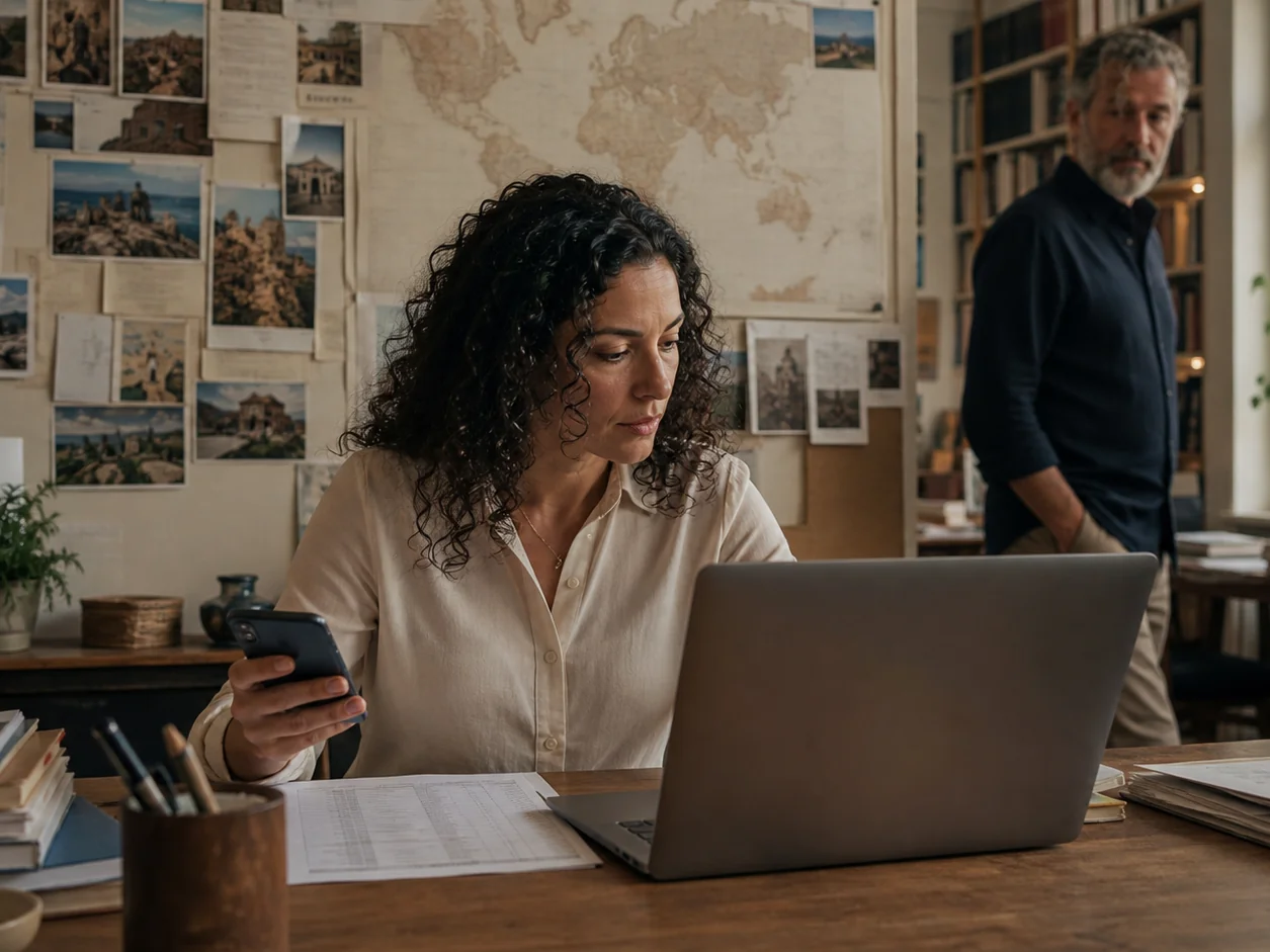 A travel specialist with a phone in one hand, an email open on the laptop and a printed spreadsheet under her elbow, all for one trip, while a colleague passes and asks where it is