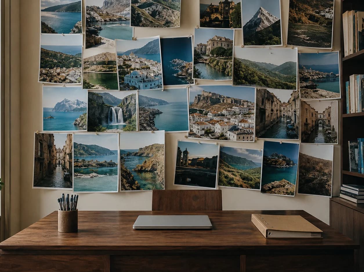A wall of pinned destination photographs above a travel specialist's desk, corners curling, not one of them showing a face, the desk below neat and businesslike
