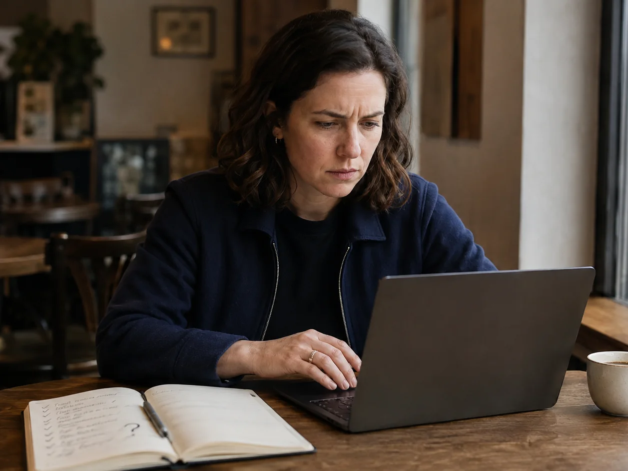 A founder at a cafe table rereading one paragraph of a fund's website, her notebook beside her listing five funds with a question mark against this one