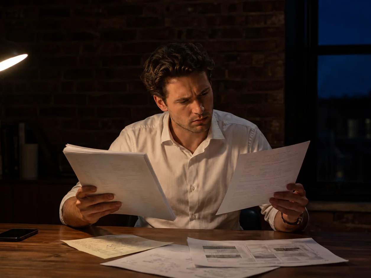 An associate at his desk under one lamp holding a thick printed deck in one hand and a two-line email in the other, unable to compare them