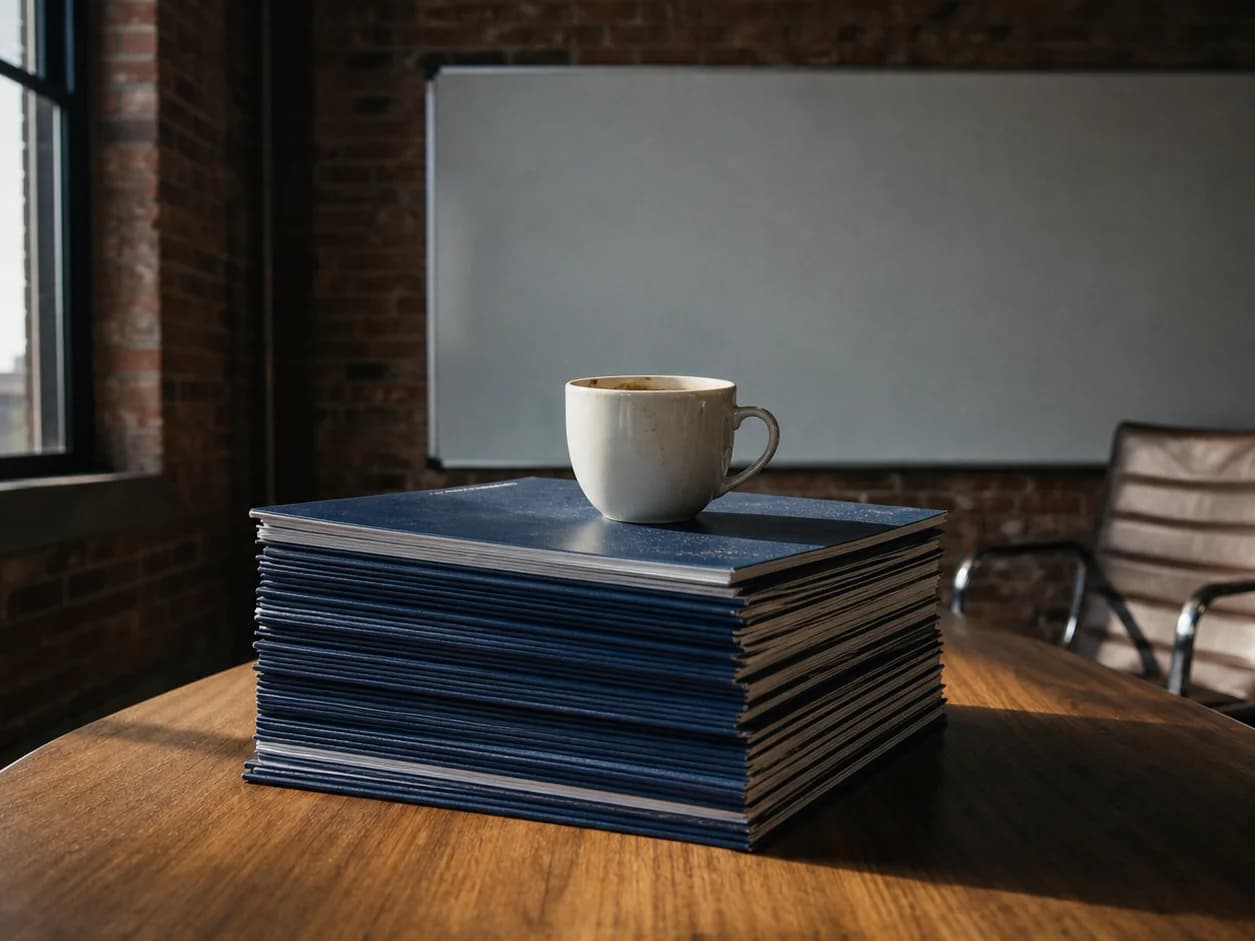 A stack of printed pitch decks on the corner of a partner table with a coffee cup set down on top and dust on the cover, the chair empty and the whiteboard blank