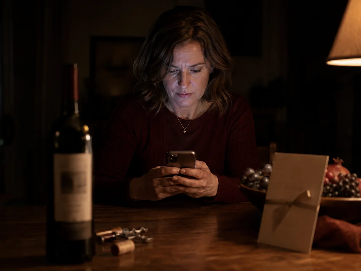 A woman at her kitchen table at night with the estate's bottle in front of her, typing a message on her phone, a wedding invitation propped against the fruit bowl beside her