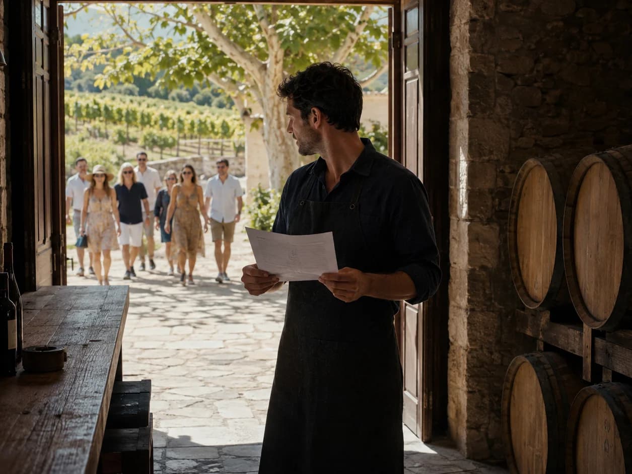 The cellar-door host in the sunlit stone doorway holding a printed booking list of times and first names, counting a group of visitors as they cross the courtyard