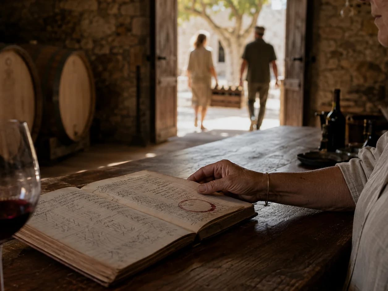 The tasting ledger open on the oak bar in afternoon light, pencil columns of bottles sold and a wine-glass ring on the page, as a couple leave through the door with a case