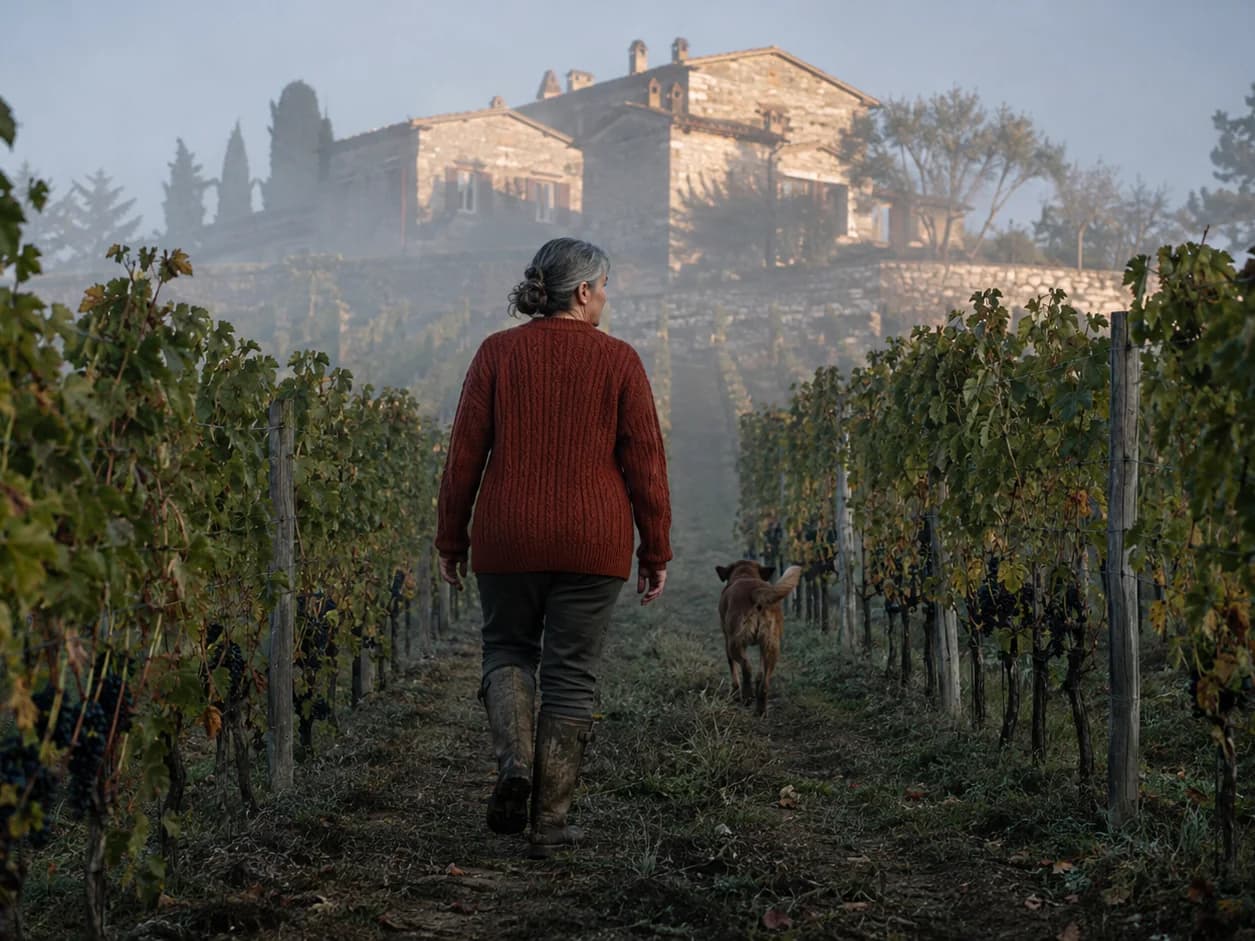 The winemaker walking a misty vine row uphill at first light in a rust-red jumper, a dog running ahead of her and the old estate house on the slope behind
