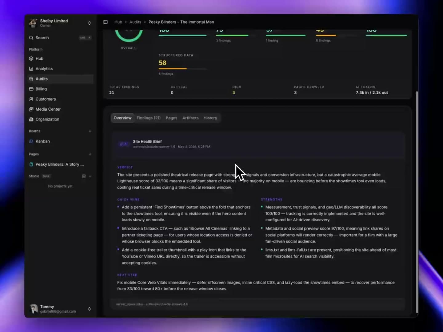 SharpOS Audits: a real capture of a seeded demo workspace: Website Audit findings with severity labels and Lighthouse performance scores