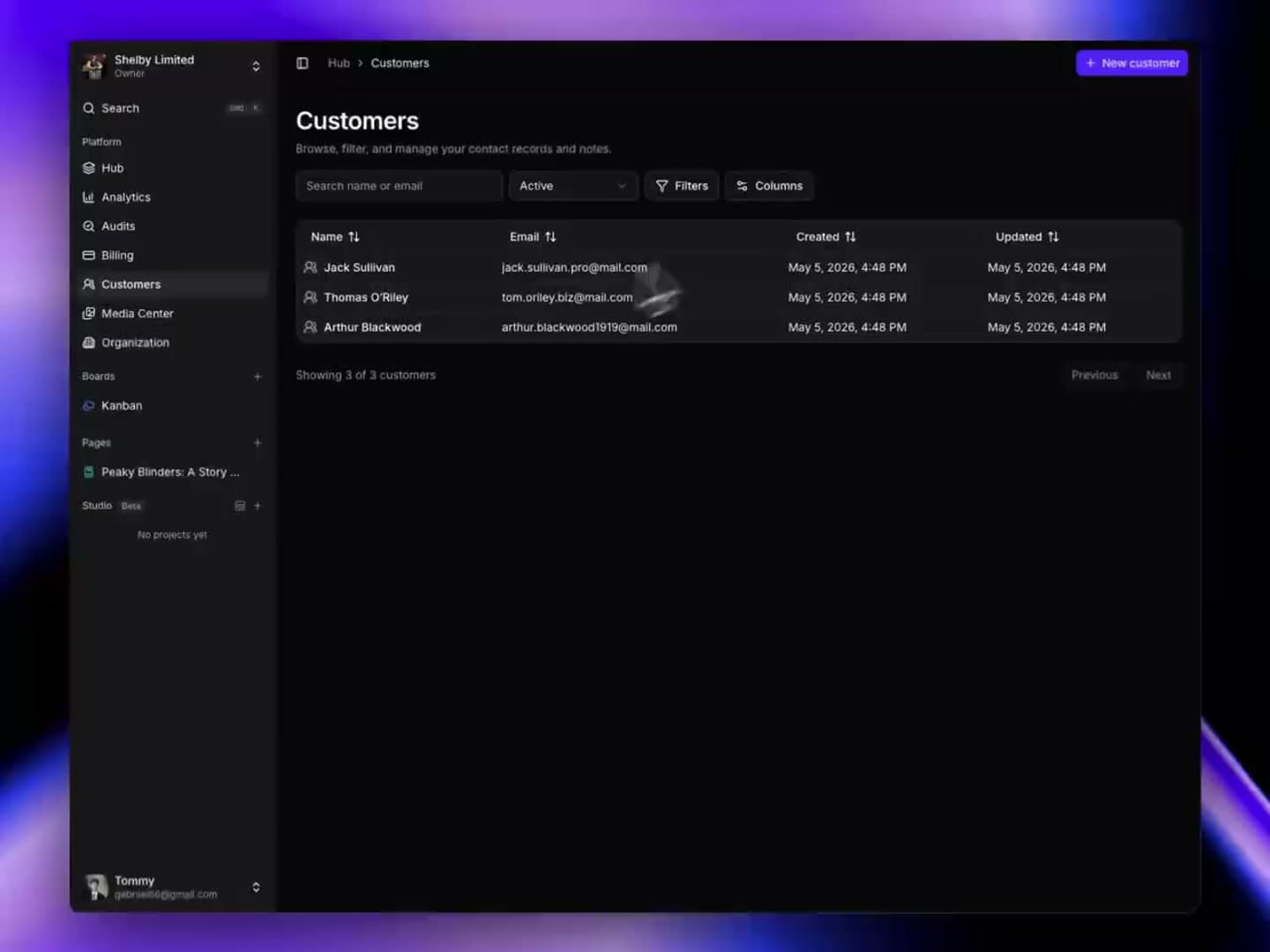 SharpOS Customers: a real capture of a seeded demo workspace: the CRM table listing customer records with emails and dates