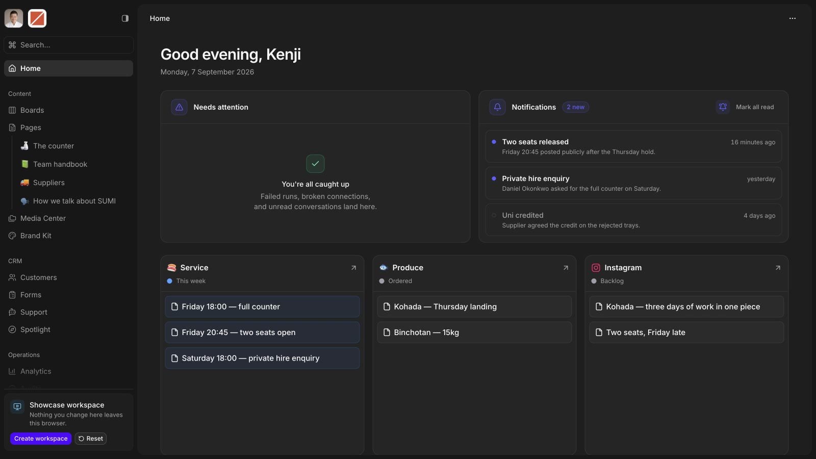 SharpOS Showcase homepage with notifications and project boards