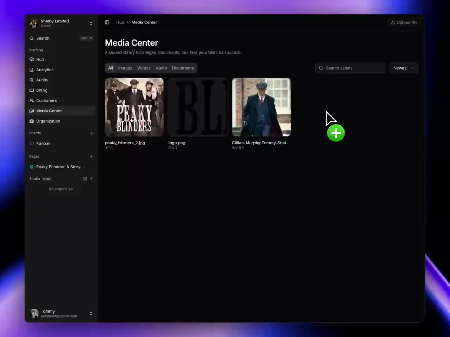 SharpOS Media Center: a real capture of a seeded demo workspace: the shared asset library with uploaded files, types and filters