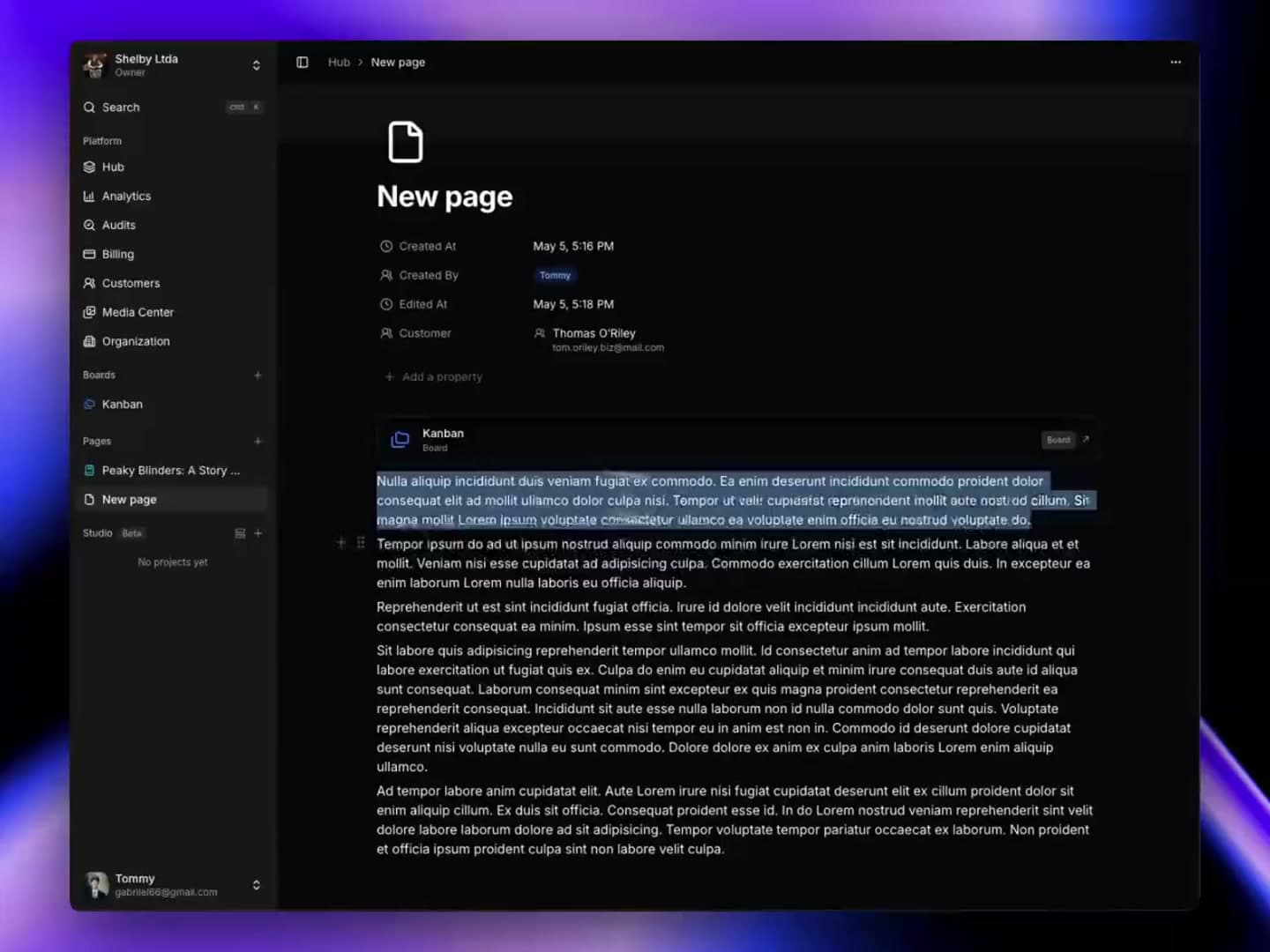 SharpOS Pages: a real capture of a seeded demo workspace: a document page with structured sections and its publish state