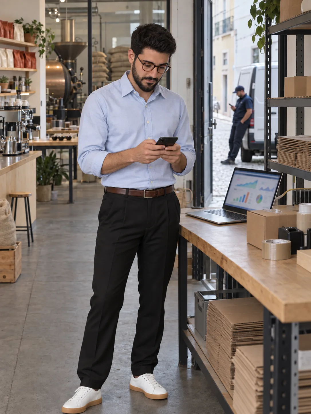 Gabriel at the packing bench frowning at his phone beside a laptop full of busy ad charts, next to stacks of unused flat boxes while a courier waits outside with nothing to collect.