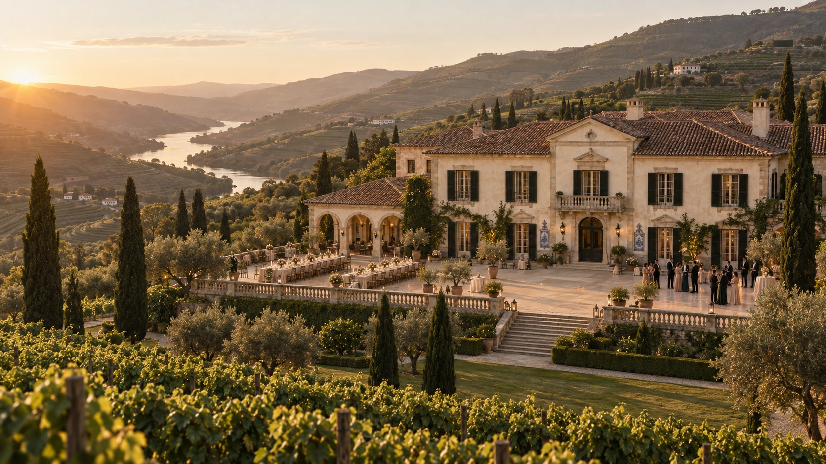 The manor seen across its vineyards at sunset: an ivory house with dark shutters, a stone terrace laid for dinner and guests gathering, the river winding through the valley behind