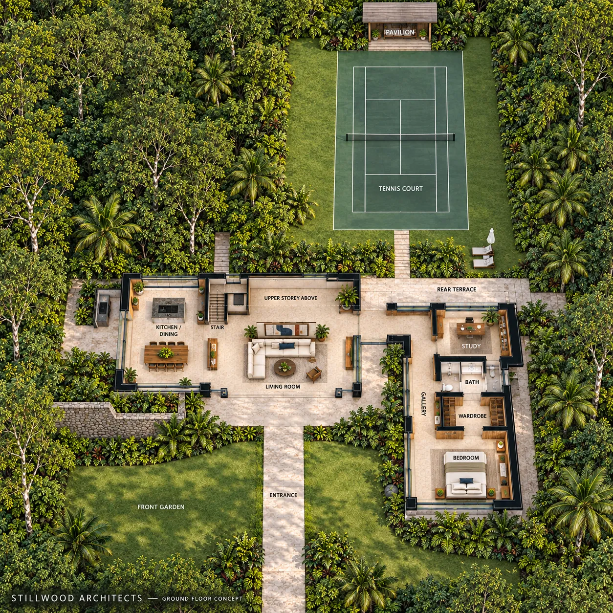 Illustrated ground-floor concept plan of Canopy House: the entrance path through the front garden, living room, kitchen and dining, gallery, bedroom, study, rear terrace and the tennis court beyond